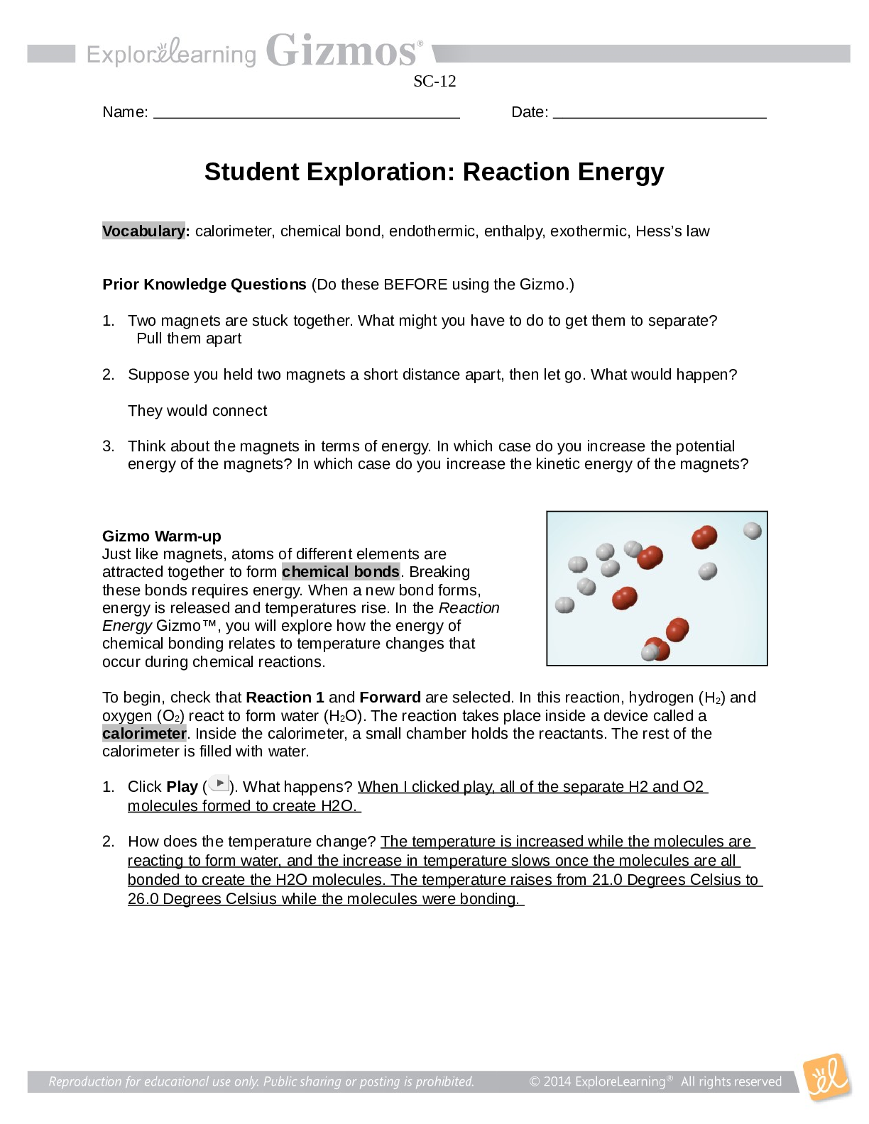 Preview of Gizmo Student Exploration: Reaction Energy, (A Grade), Questions and Answers, All Correct